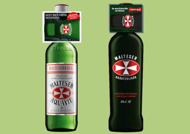 Malteserkreuz Aquavit und Kräuterlikör mit Glas-On-Pack