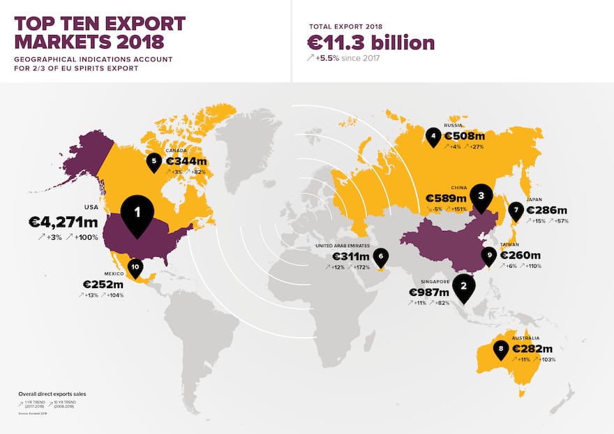 Karte Spirituosenexporte aus der EU