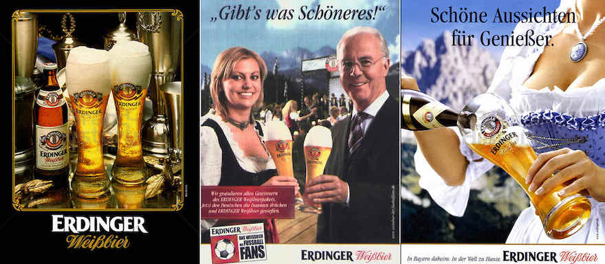 Erdinger-Werbemotive aus den Jahren 1990 (links), 2008 (Mitte) und 2011