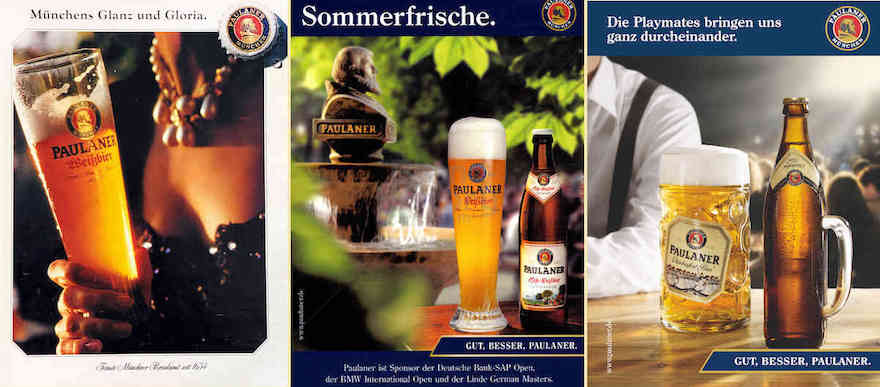 Paulaner Werbemotive von 1993 (links), 2004 (Mitte) und