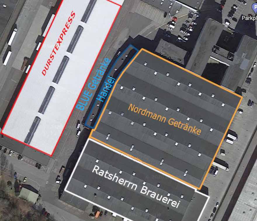 Zwischen Durstexpress, Nordmann Getränke und der Ratsherrn Brauerei liegt das Lager des Lieferdienst Blue Getränkehandel. Mit 10 Fahrzeugen wird der Großraum Hamburg beliefert. (Foto: Screenshot Google Maps)