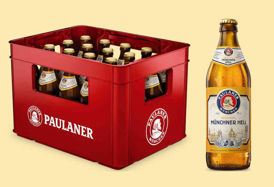 Neuer Kasten und Flasche für Paulaner Hell in der Halbliterflasche