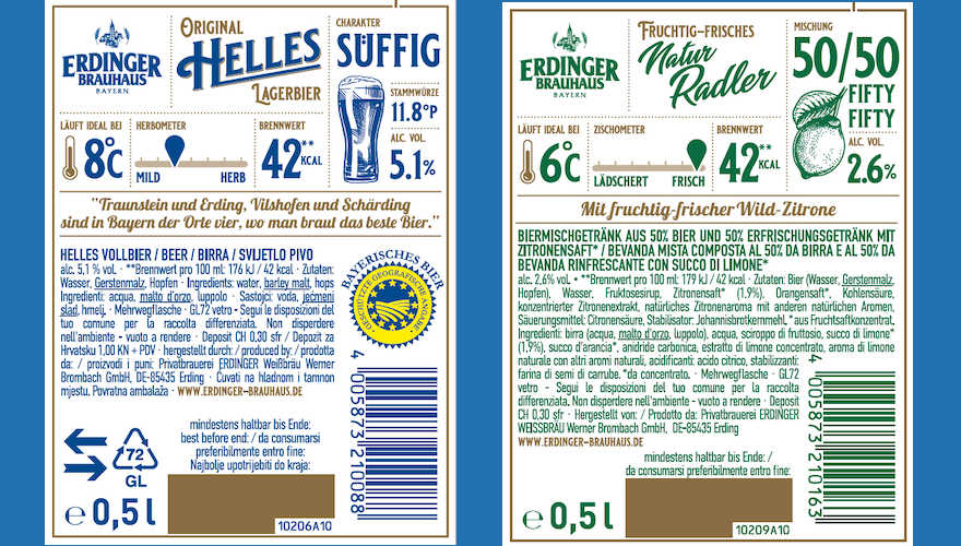 Rückenetiketten Erdinger Brauhaus Helles und Erdinger Brauhaus Natur-Radler