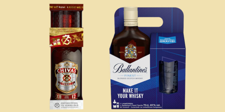 Chivas Regal und Ballantine's mit Glas-Onpacks