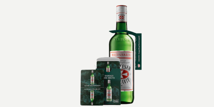 Malteserkreuz-Flasche mit Kartenspiel als Gratis-Onpack