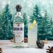 Broker's-Gin-Flasche und Longdrinkglas vor Winterlandschaft