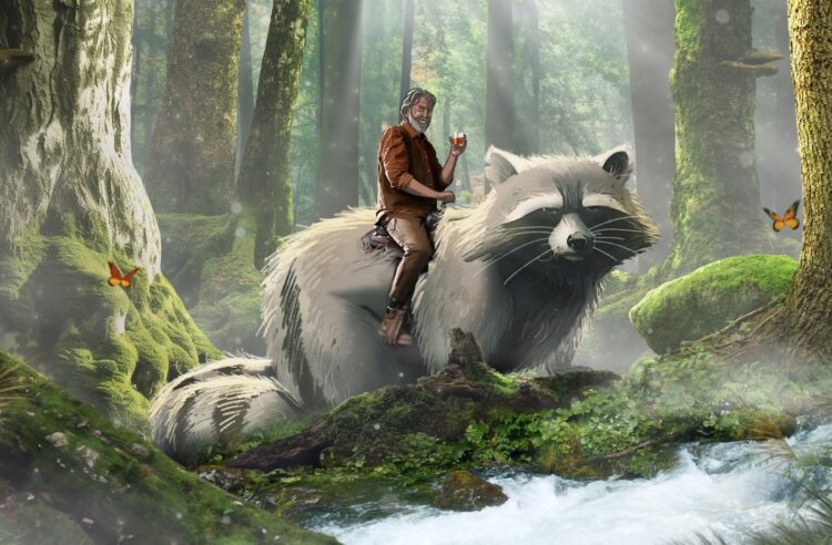 Wilhelm Evermann reitet auf einem Waschbär (Ausschnitt aus dem TV-Spot)