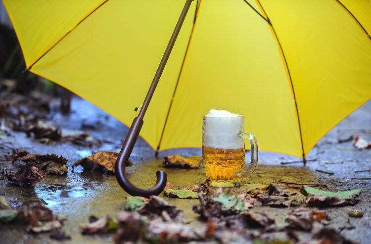 Volles Bierglas unter einem Regenschirm, der auf nassem Boden mit Herbstlaub steht.
