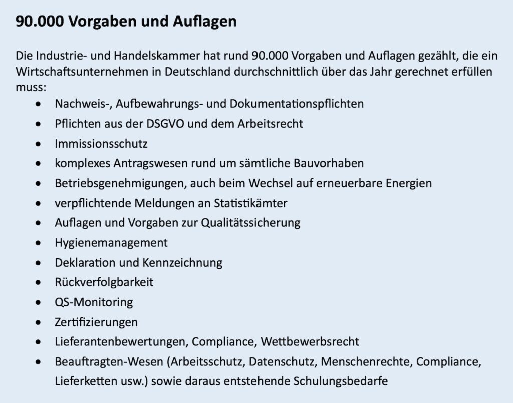 Auflistung von Vorgaben und Auflagen