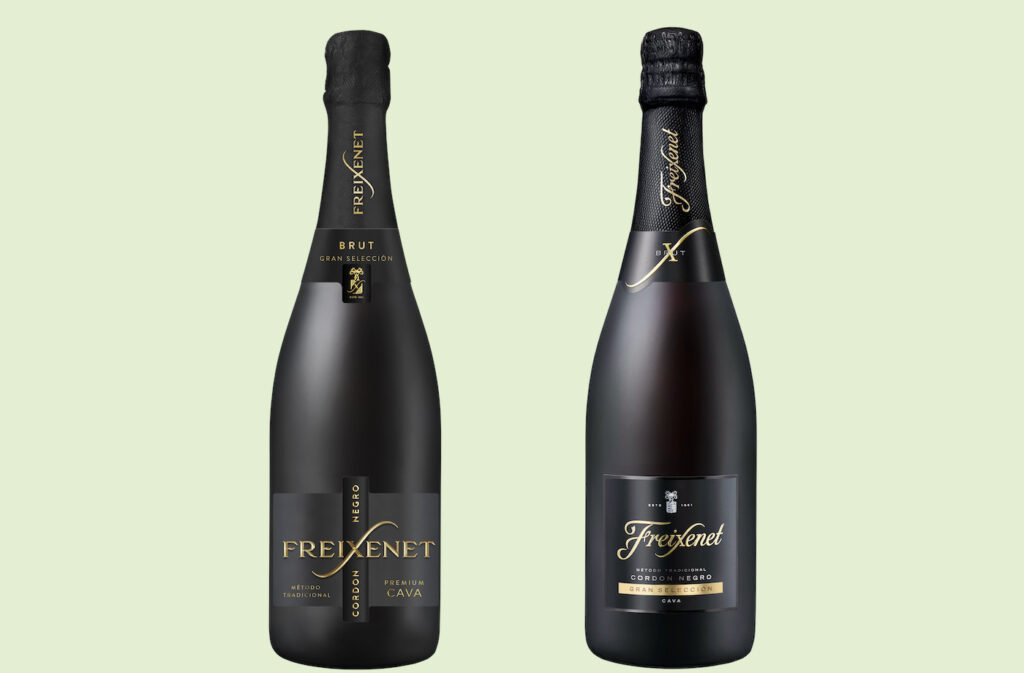 Freixenet Cordón Negro in der neuen (links) und alten Flaschenausstattung 
