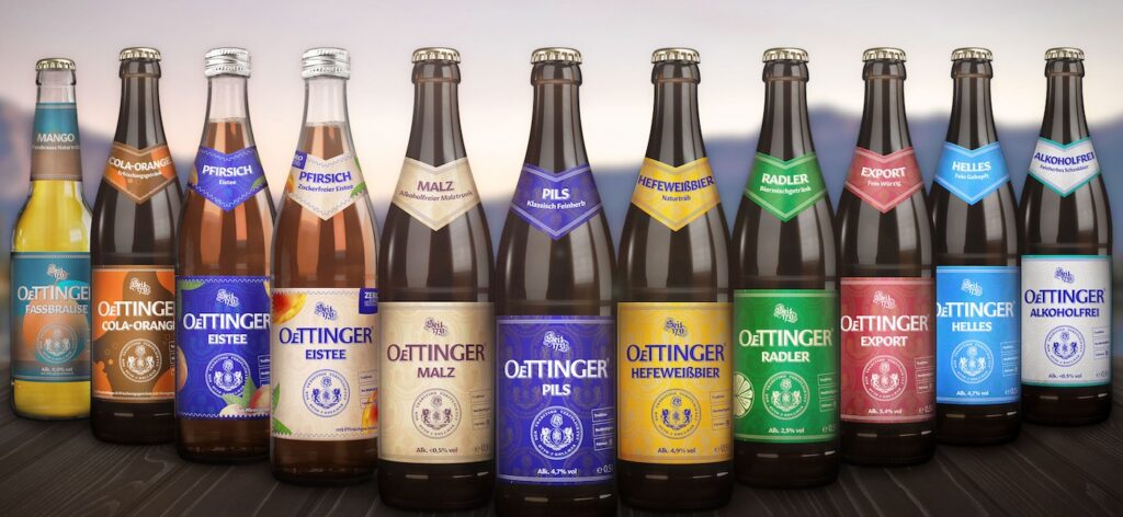 Flaschen des Oettinger Sortiments mit neuen Etiketten
