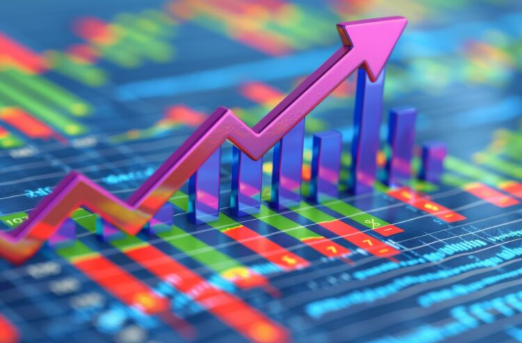 Aufwärtsgerichteter Pfeil auf Hintergrund mit Bilanzzahlen