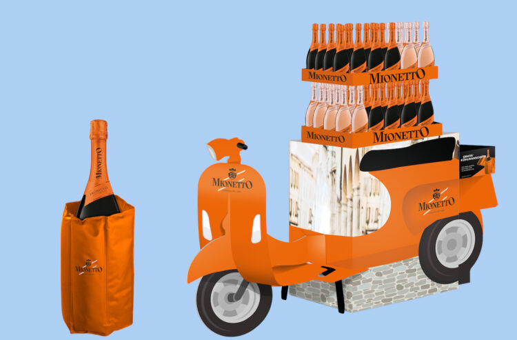 Mionetto-POS-Aufsteller in Roller-Form