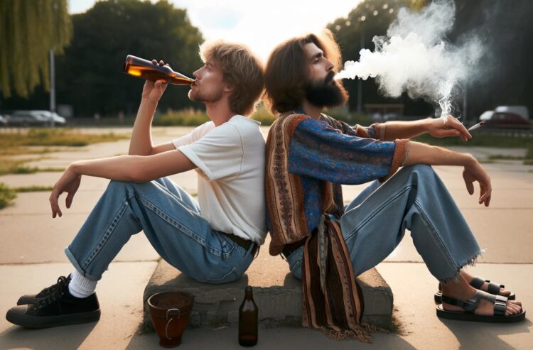 Foto von zwei Männer, Rücken an Rücken sitzende, einer trinkt Bier, der andere raucht einen Joint