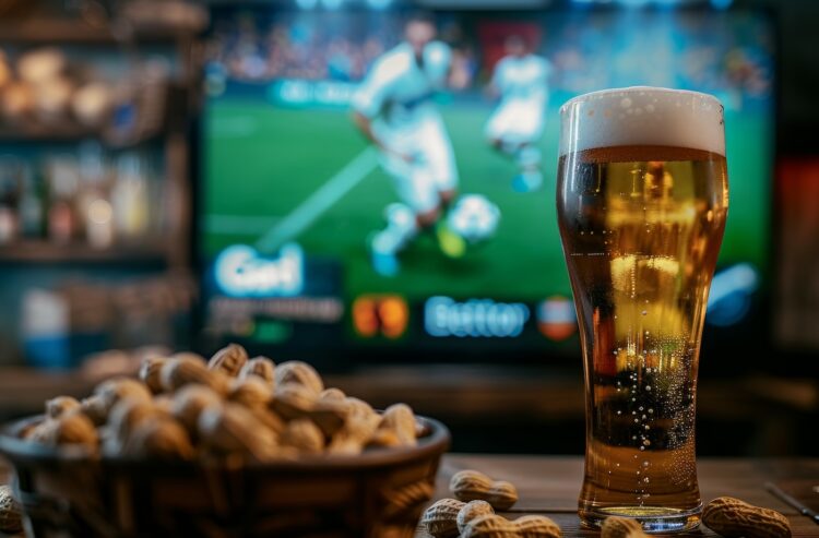 TV-Bildschirm mit Fußballspiel in einem Wohnzimmer, im Vordergrund Bierglas und Erdnüsse