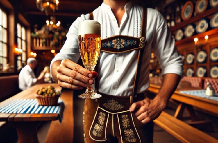 Foto eine Mannes in Tracht in einem bayerischen Wirtshaus mit einem Pilsglas in der Hand