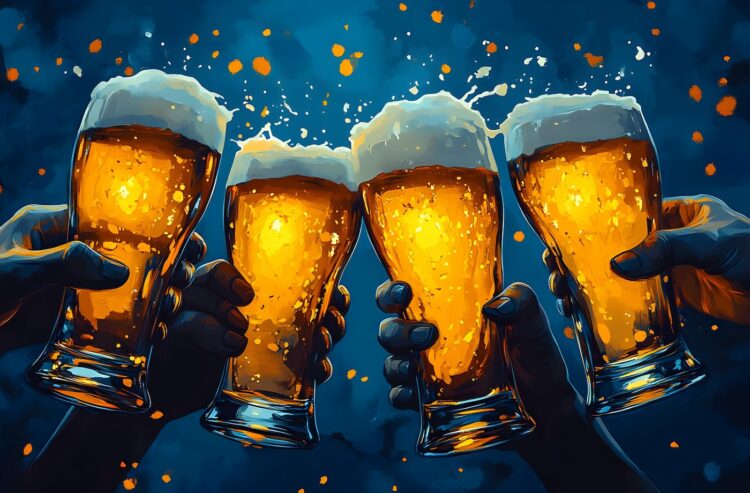 Hände mit vier Biergläser, Motiv in Blau und Gelb