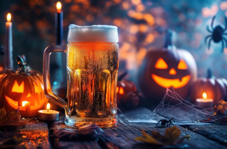 Foto von Bierglas, daneben Halloween-Dekoration