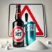 Warnschild, davor steht eine Flasche Bier und eine Dose Energy Drink, daneben Zuckerwürfel