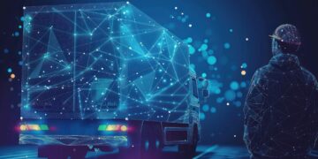 Futuristischer Lkw und Arbeiter mit Helm im KI-Stil