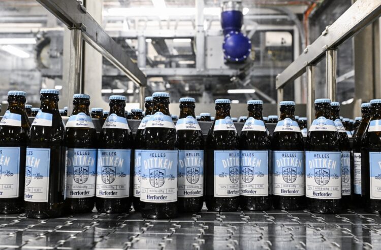 Viele Flaschen "Helles Dittken" auf einem Förderband